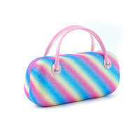 Rainbow iridescent carry pouch with two pink handles and round metal grommets