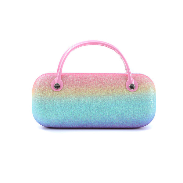 Iridescent carry pouch with pink-to-blue gradient and two top handles