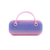 Purple-blue iridescent carry pouch with two top handles and rounded metal grommets