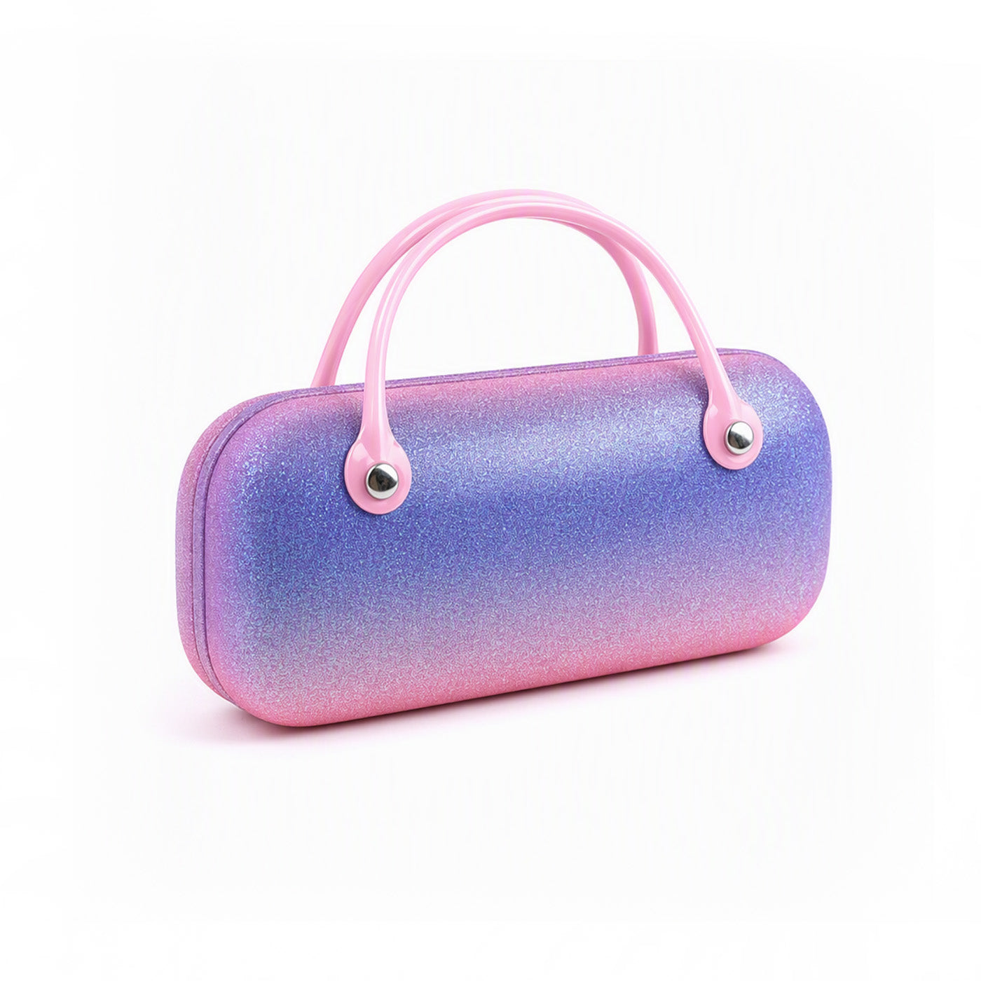Iridescent purple-to-blue carry pouch with two pink handles and grommet accents