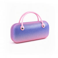 Iridescent purple-to-blue carry pouch with two pink handles and grommet accents