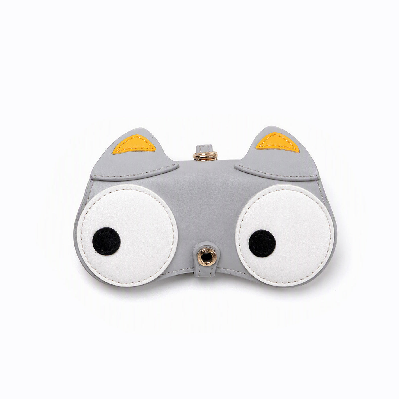 Clip-on pouch in gray with white eye patches, orange accents, and gold snap