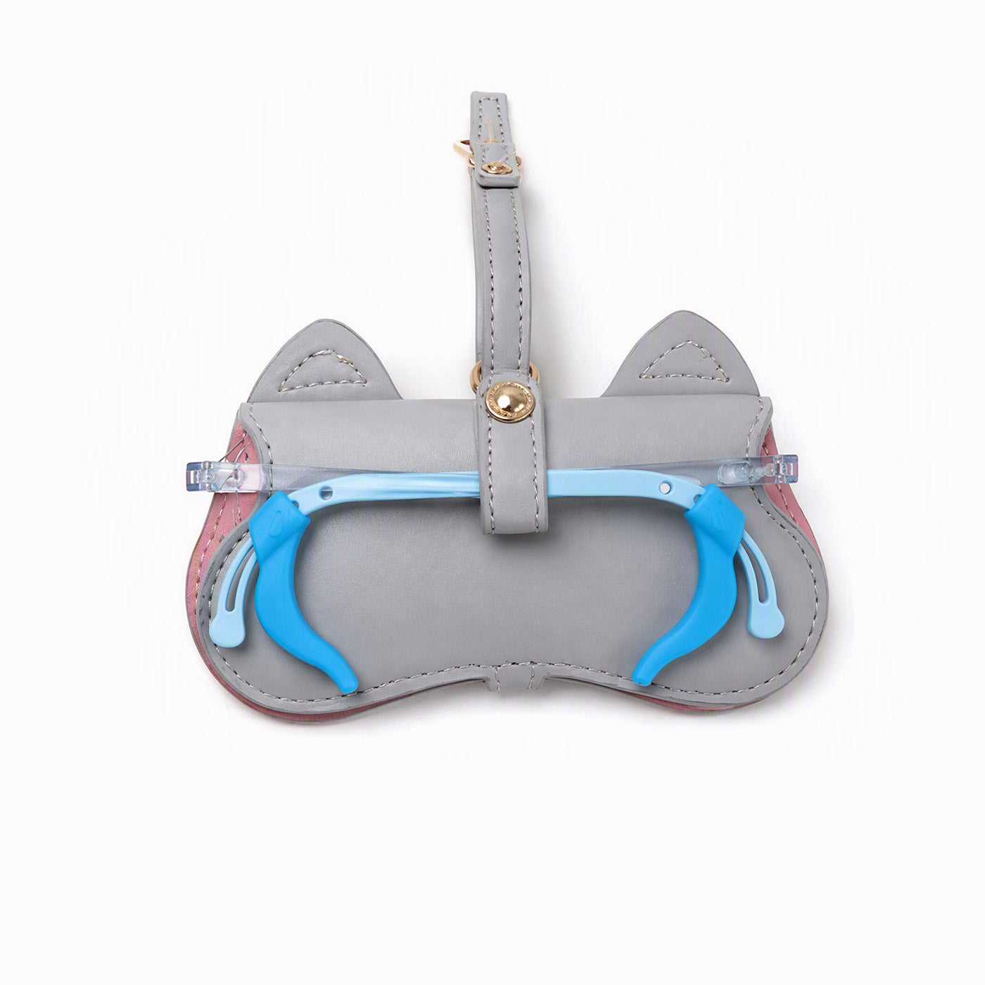 Gray clip-on pouch with blue interior bar and gray strap, pink side trim