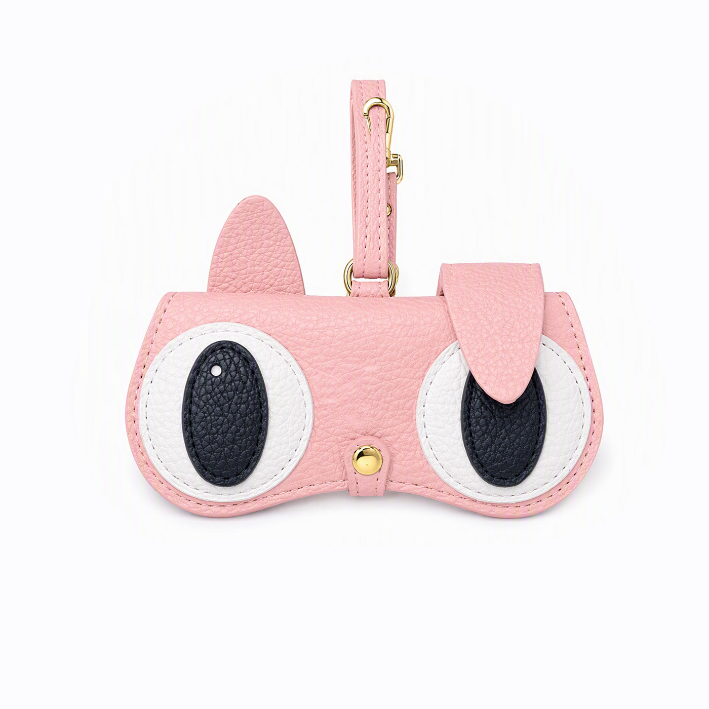 Clip-on pouch in pink with black-and-white eye patches, stitched ears, gold clasp