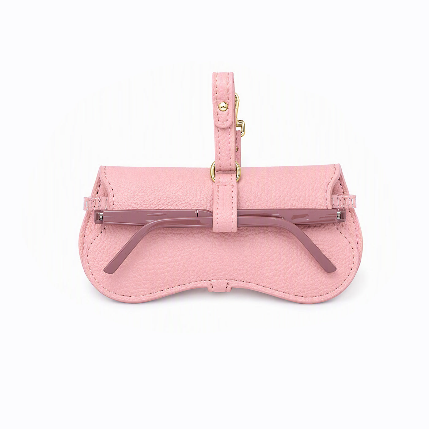 Pink clip-on pouch with front pocket and metal bar, attached to a pink strap