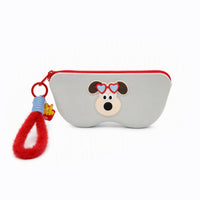 Light grey pencil case with red zipper and mouse-face applique; red fuzzy tassel charm