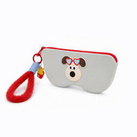 Light grey pencil case with red zipper and mouse-face applique; fuzzy red tassel keychain