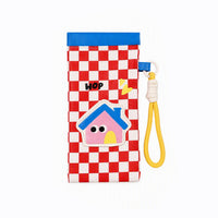 Red checkered hard glasses sleeve with blue top, cartoon house patch and yellow wrist strap