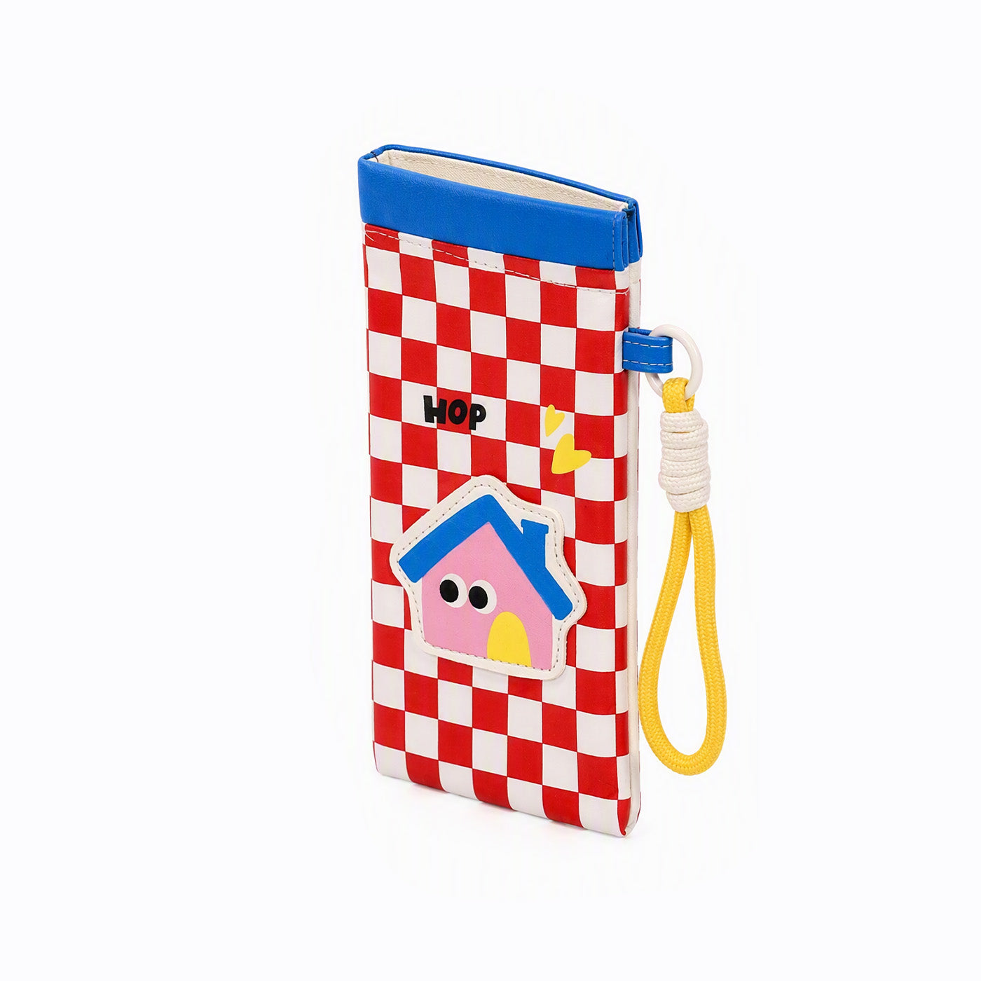 Red checkered hard glasses sleeve with blue top, house applique front and yellow wrist strap