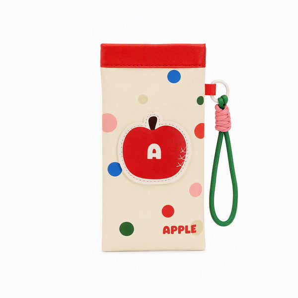 Cream hard glasses sleeve with red top, apple patch with A letter and green cord handle