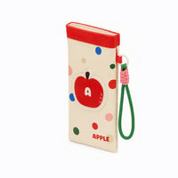 Cream hard glasses sleeve with red top, apple patch and green loop wrist strap