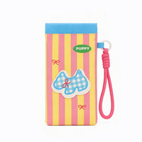 Yellow-and-pink striped hard glasses sleeve with blue top, puppy patch and pink cord handle
