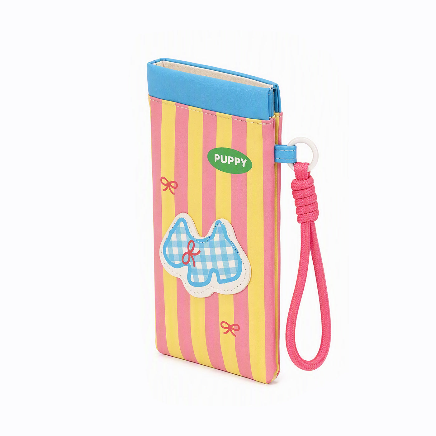 Yellow-and-pink striped hard glasses sleeve with blue top, puppy applique and pink cord wrist strap