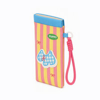 Yellow-and-pink striped hard glasses sleeve with blue top, puppy applique and pink cord wrist strap