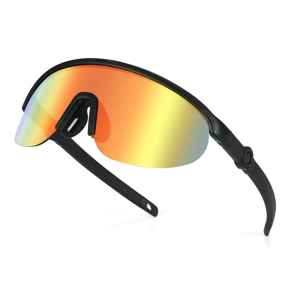 Sports sunglasses with black frame and orange mirrored lens, angled side view