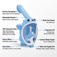 Blue full-face snorkel mask toy with detachable snorkel and wide clear visor