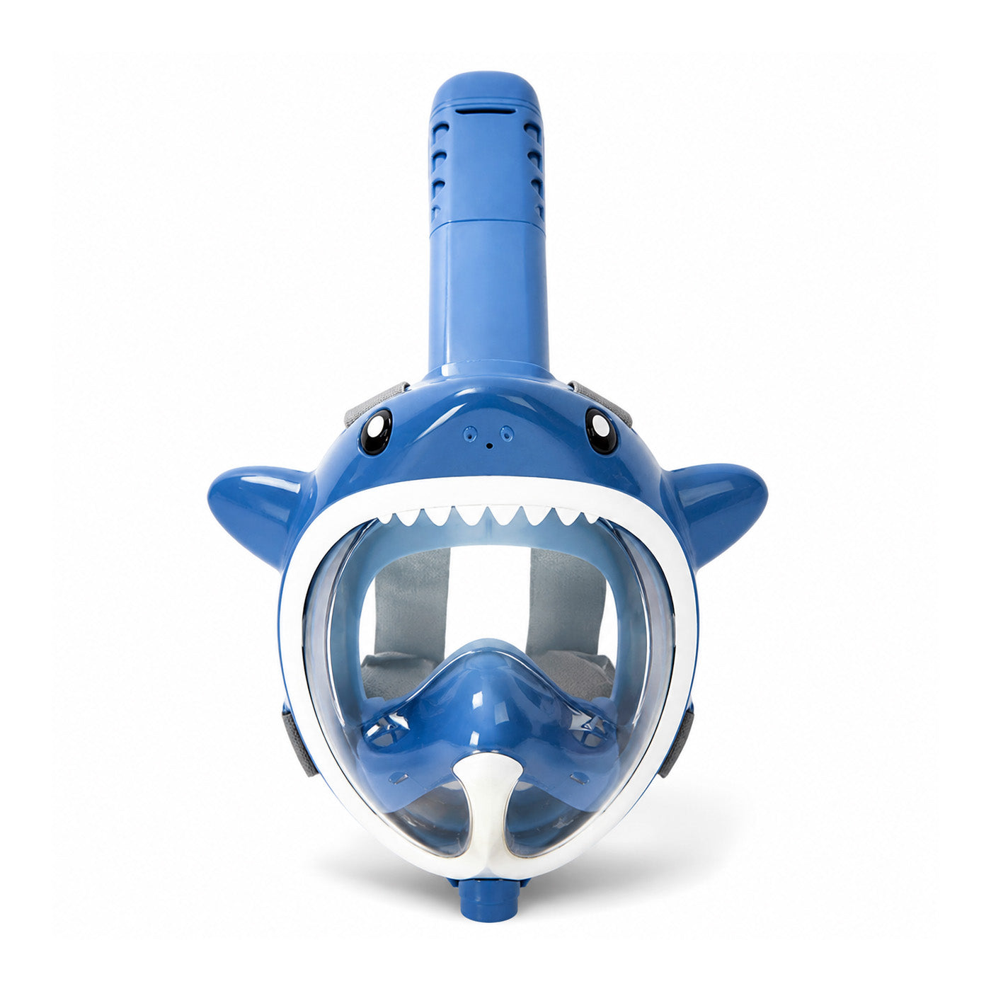 Blue full-face snorkel mask with shark-style trim and clear panoramic visor