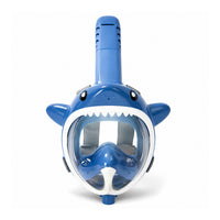 Blue full-face snorkel mask with shark-style trim and clear panoramic visor