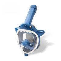 Blue full-face snorkel mask side view with clear visor and snorkel tube