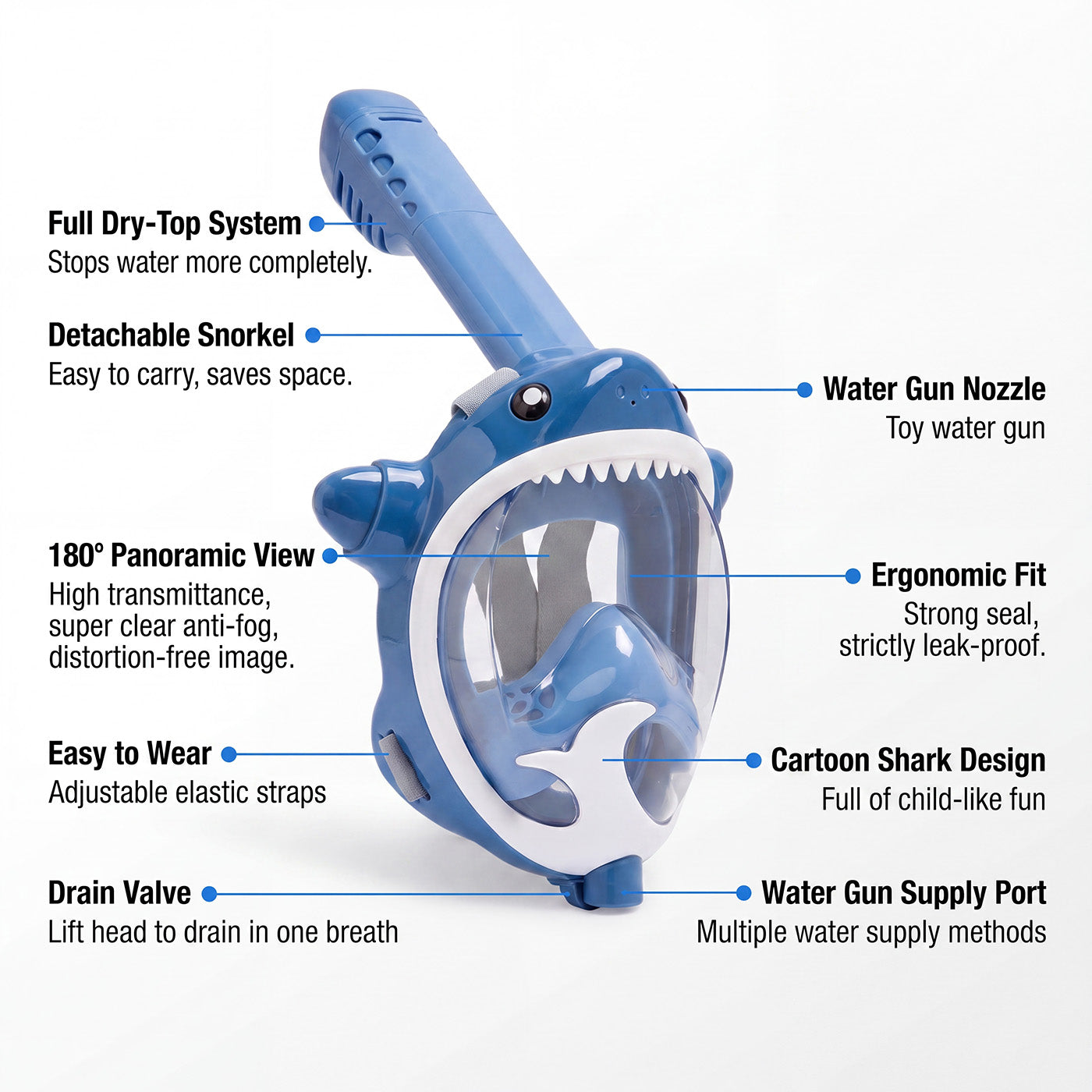 Blue full-face snorkel mask with clear visor and snorkel tube, adjustable straps
