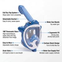 Blue full-face snorkel mask with clear visor and snorkel tube, adjustable straps