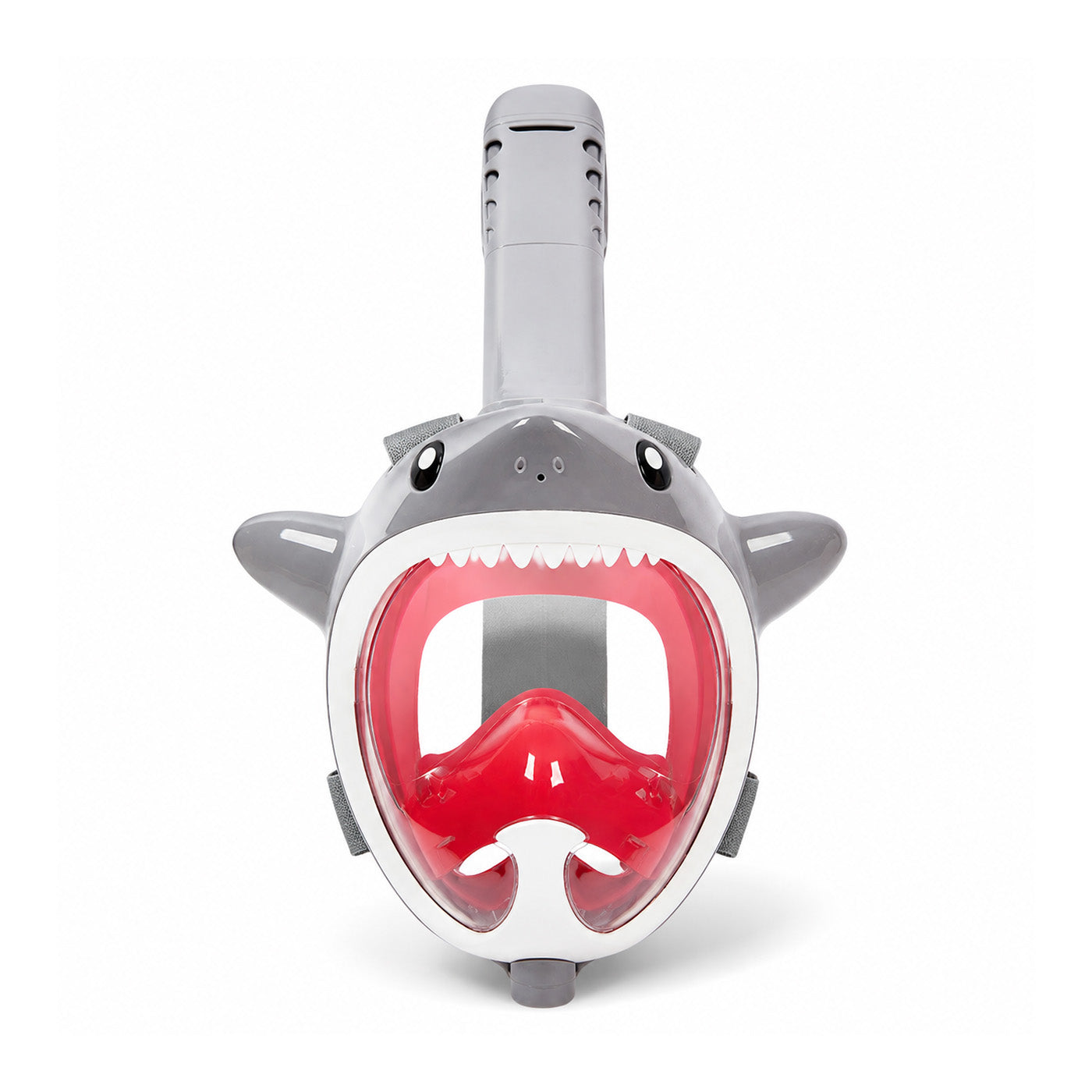 Grey full-face snorkel mask with red panoramic visor and shark-style trim