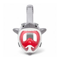 Grey full-face snorkel mask with red panoramic visor and shark-style trim