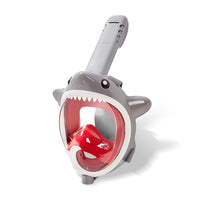 Grey full-face snorkel mask side view with red clear visor and snorkel tube