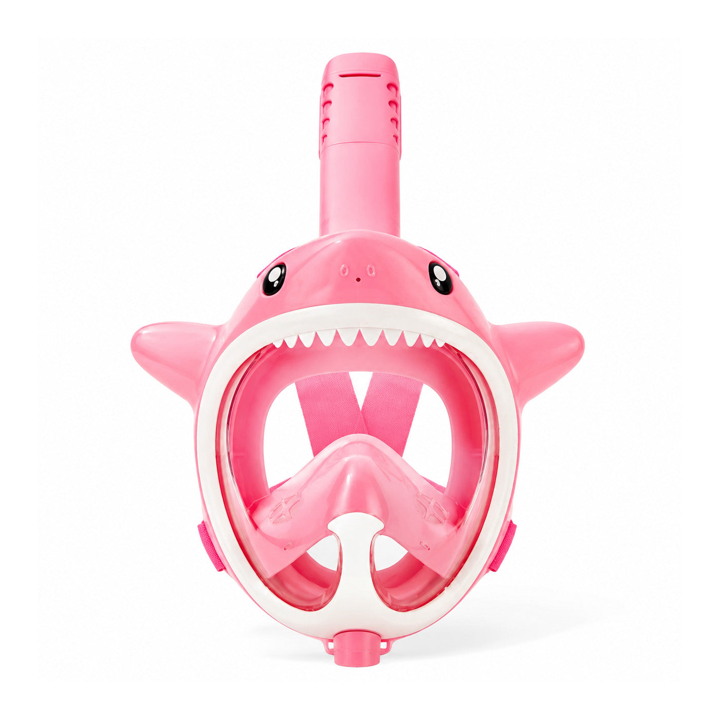 Pink full-face snorkel mask with clear red-tinted visor and shark-style trim