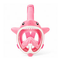 Pink full-face snorkel mask with clear red-tinted visor and shark-style trim