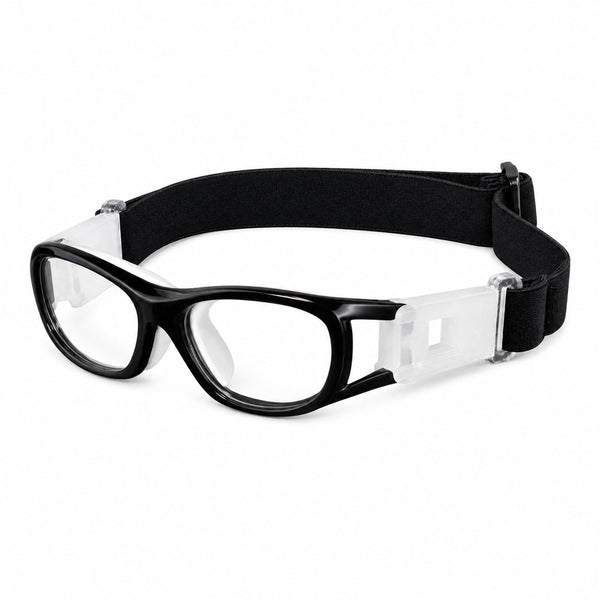 Jasper safety goggles with black frame, clear lenses, and black head strap