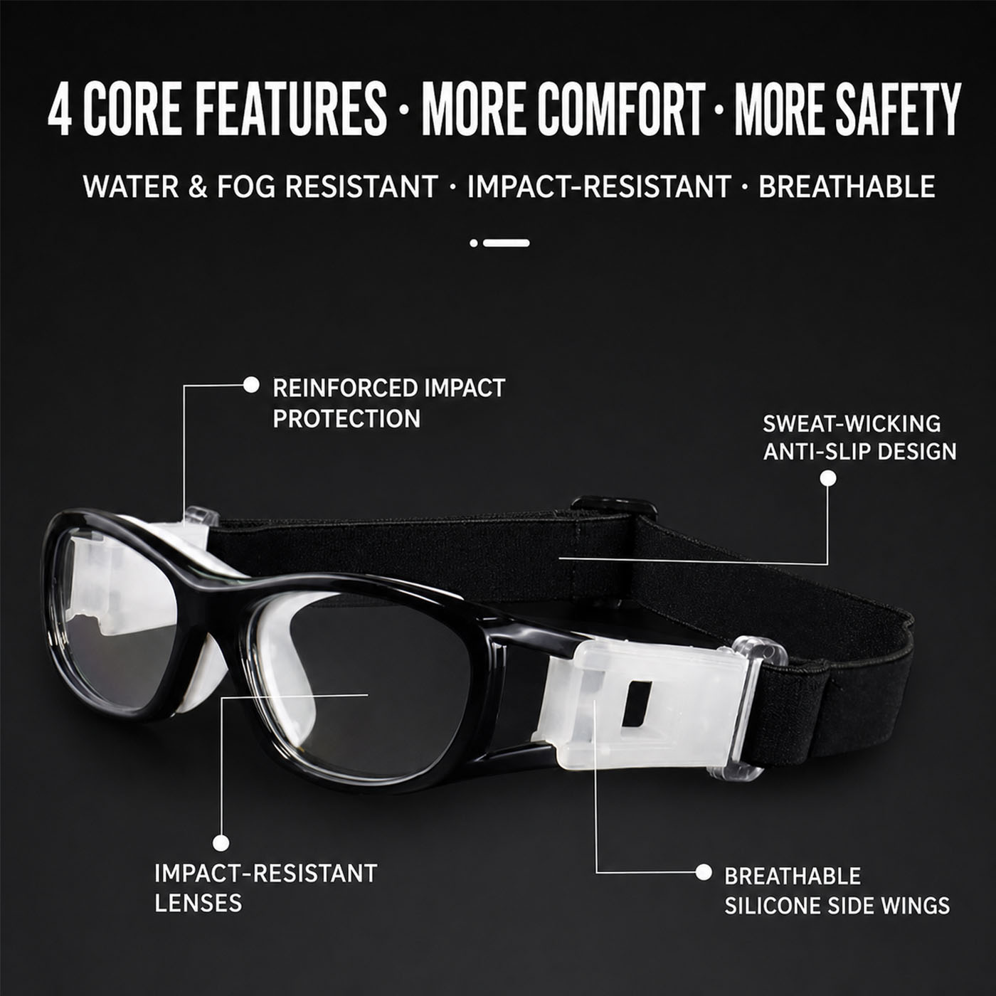 Jasper safety goggles with black frame and clear impact-resistant lenses