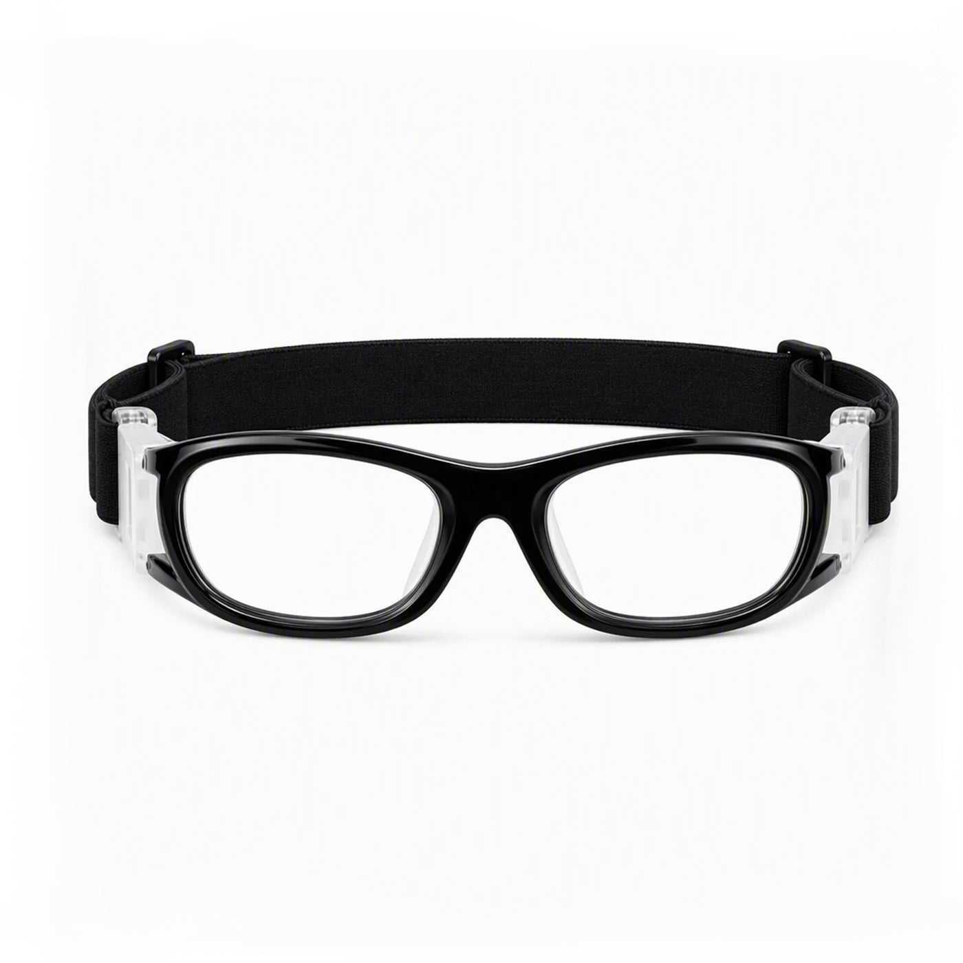 Black-frame safety goggles with black head strap