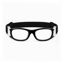Black-frame safety goggles with black head strap