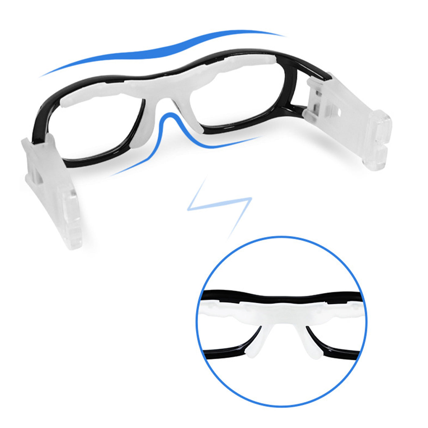 Black safety goggles with white side arms and blue accent line