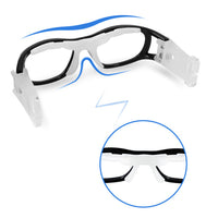 Black safety goggles with white side arms and blue accent line