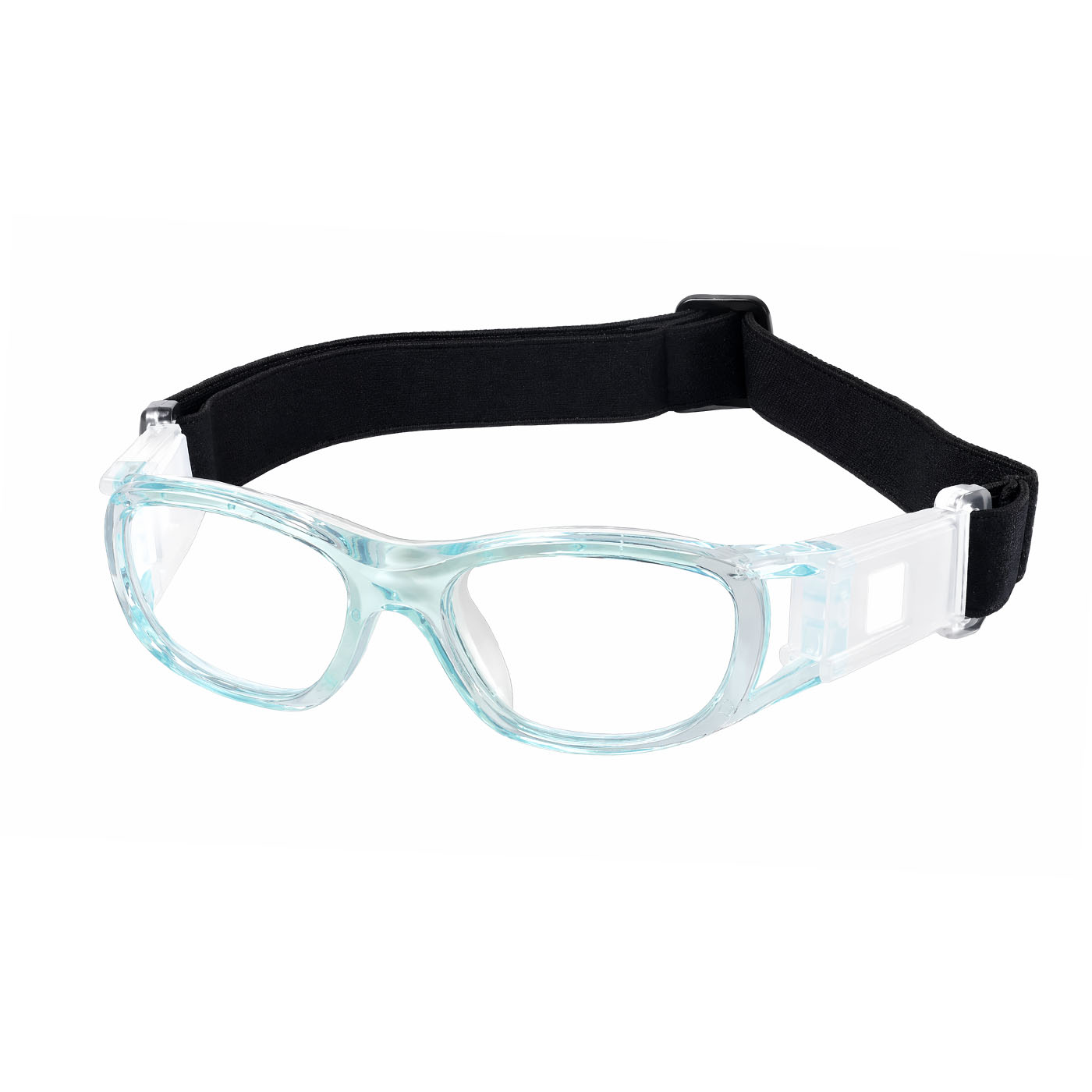 Jasper safety goggles with light blue frame and clear lenses, black head strap