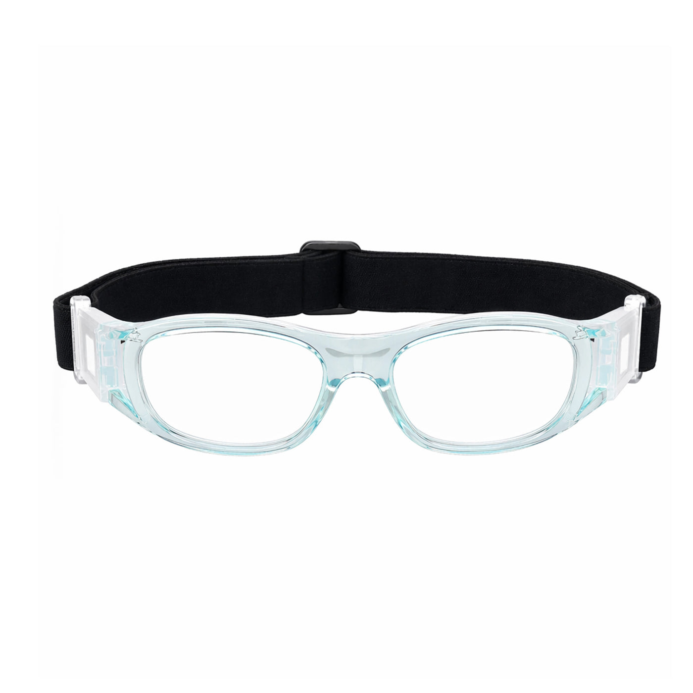 Clear lens safety goggles with black head strap and light-blue frame
