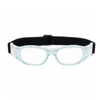 Clear lens safety goggles with black head strap and light-blue frame