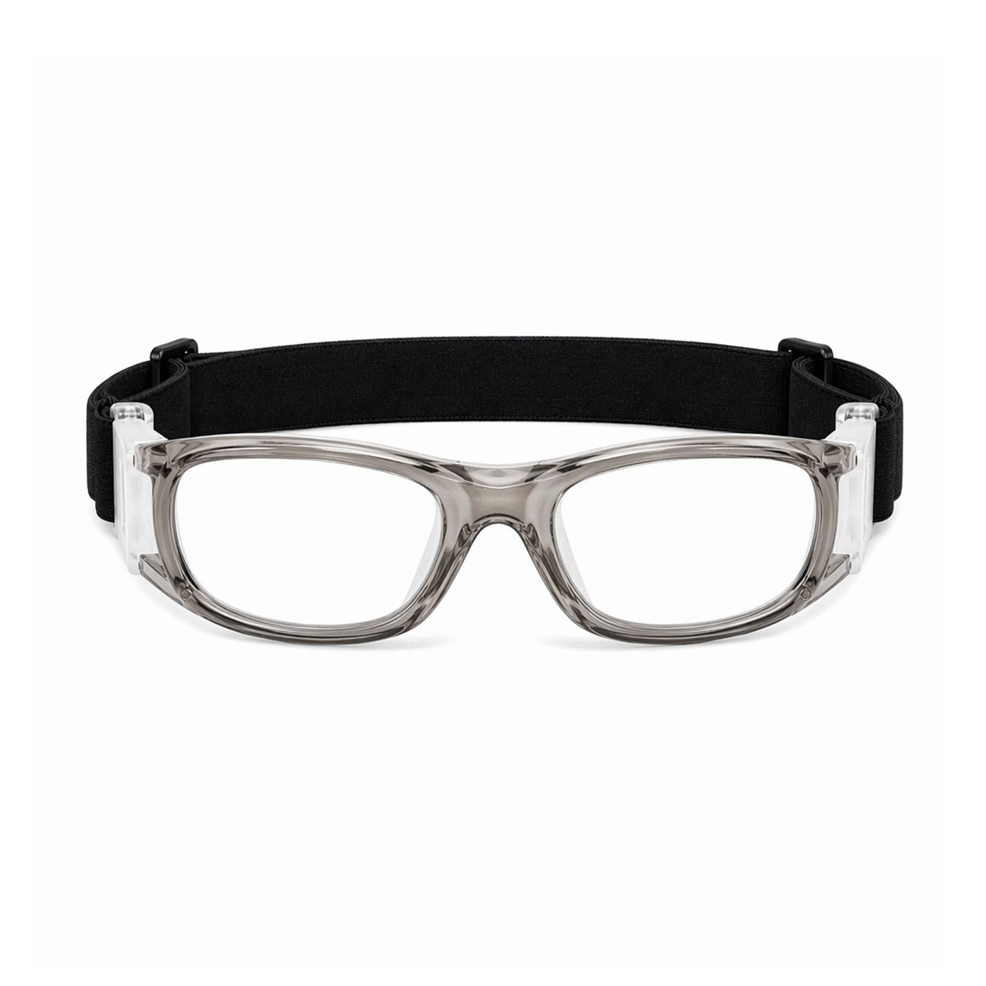 Transparent-frame safety goggles with black head strap