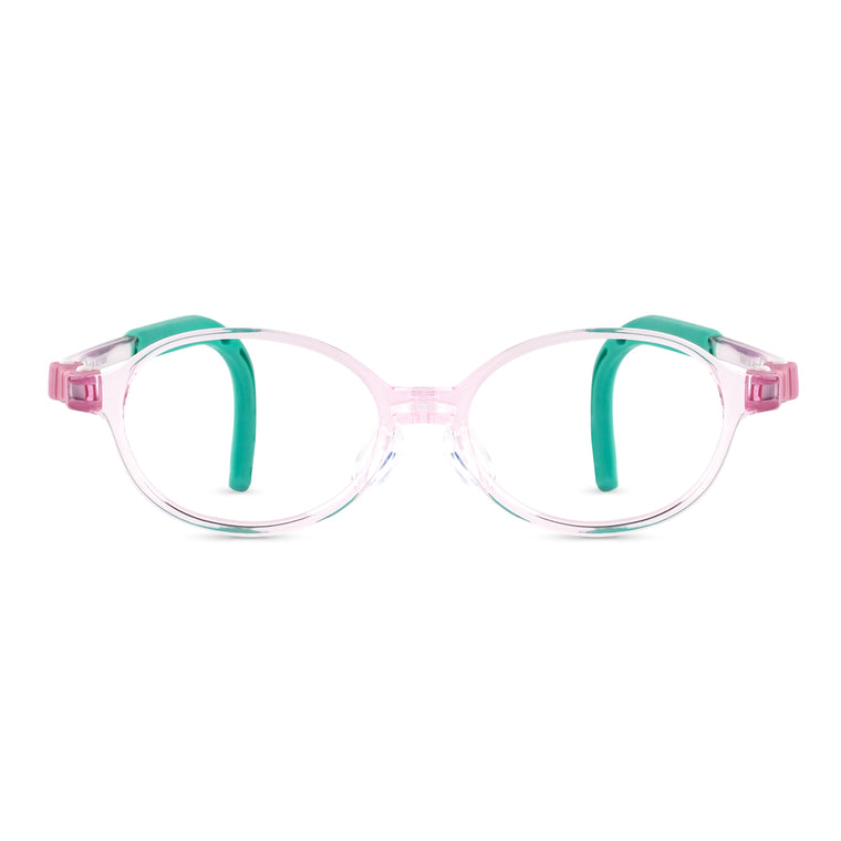 Kids’ eyeglasses with clear round lenses and pink frame center, teal arms