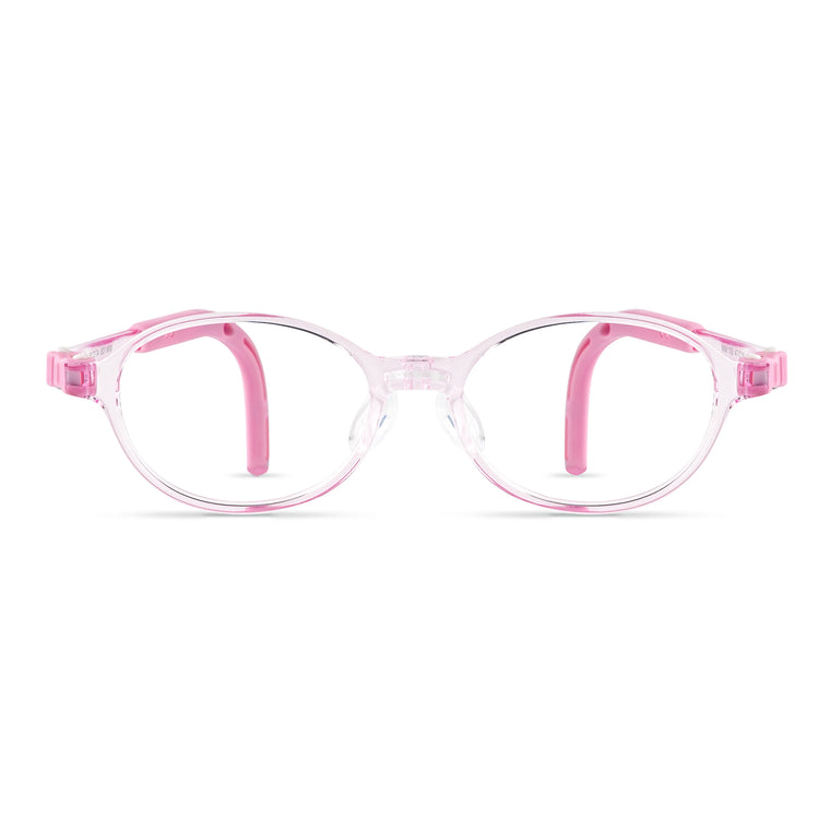 Eyeglass frames with clear lenses, translucent white frame, pink vertical temple accents