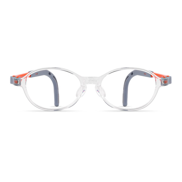 Eyeglass frames with clear lenses, white frame, orange accents on the temples