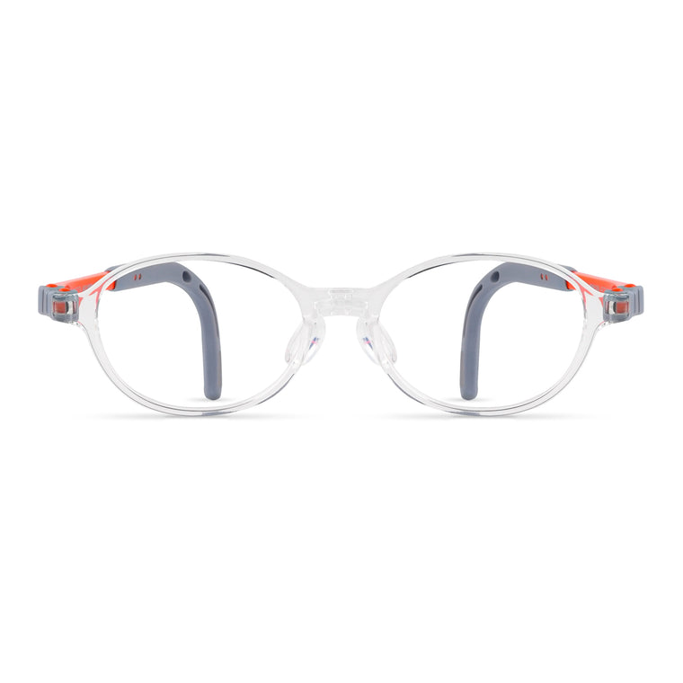 Eyeglass frames with clear lenses, white frame, orange accents on the temples