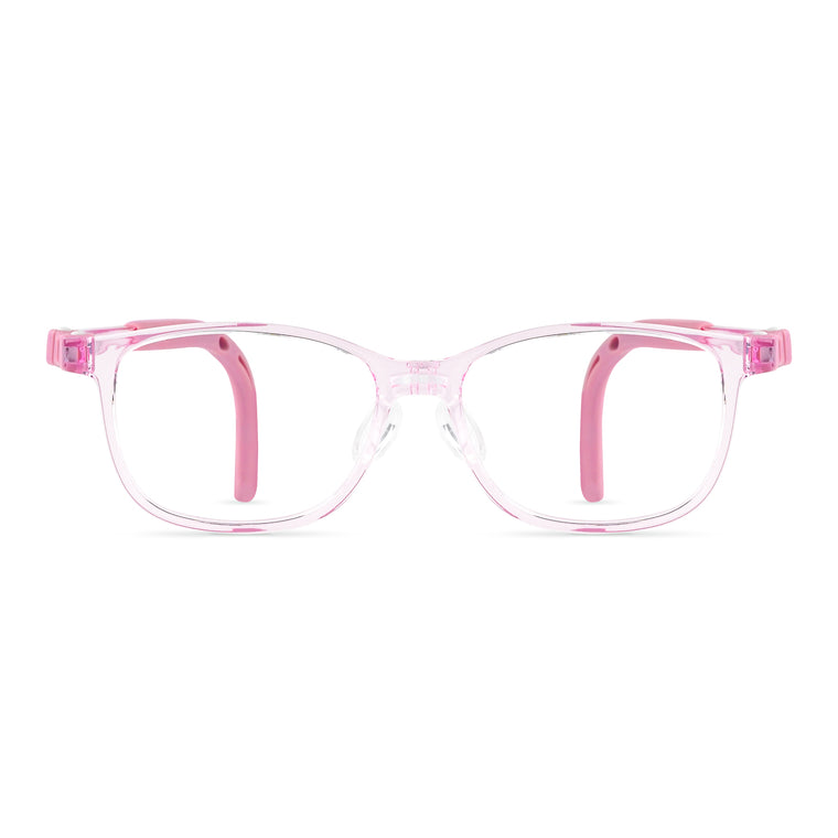 Pink eyeglass frame with clear round lenses, front view