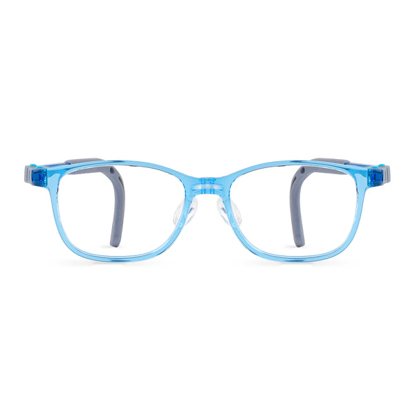 Eyeglass frames, light blue translucent front with blue temple arms