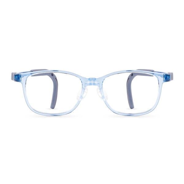 London eyeglass frames, light blue translucent with blue temples and clear lenses
