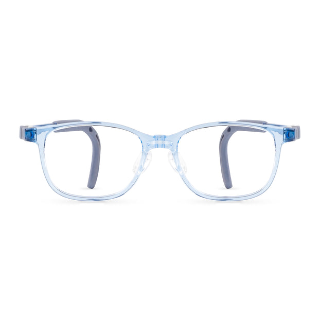 London eyeglass frames, light blue translucent with blue temples and clear lenses