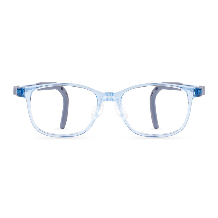 London eyeglass frames, light blue translucent with blue temples and clear lenses