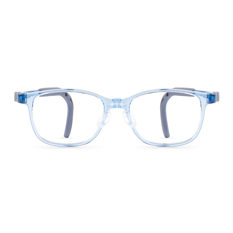 London eyeglass frames, light blue translucent with blue temples and clear lenses